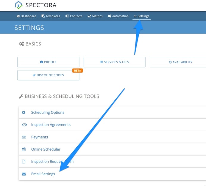 Spectora Settings > Email Settings