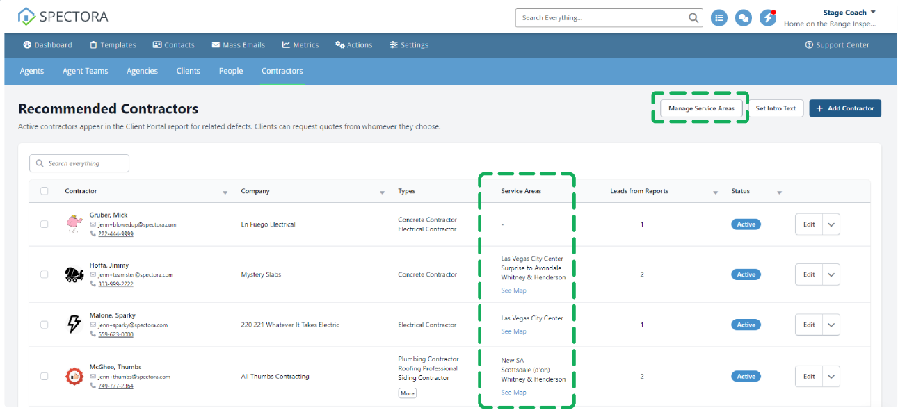 An image highlighting how and where to manage service areas for Spectora recommended contractors in the Spectora platform. 