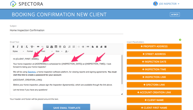 Customizing home inspection confirmation emails - Spectora