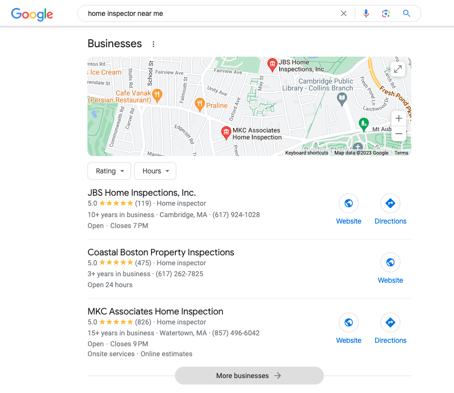 The Business results for searching "home inspector near me" in Google