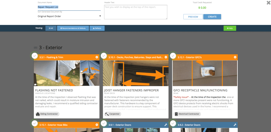screenshot of Spectora home inspection agent repair request builder