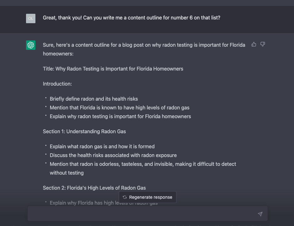 A content outline for a blog post about the importance of radon testing in Florida, generated by ChatGPT.