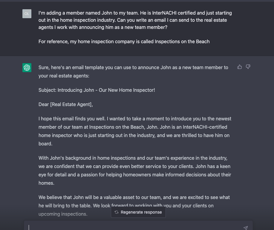 ChatGPT's email template for a home inspection company announcing that they've added a new inspector to their team.