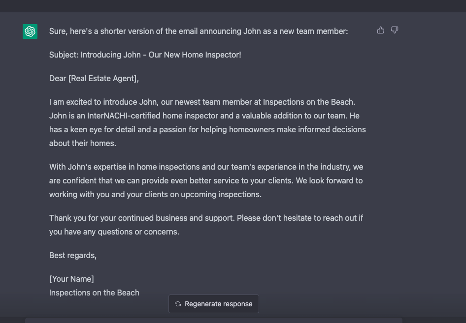 ChatGPT making an email template more concise.