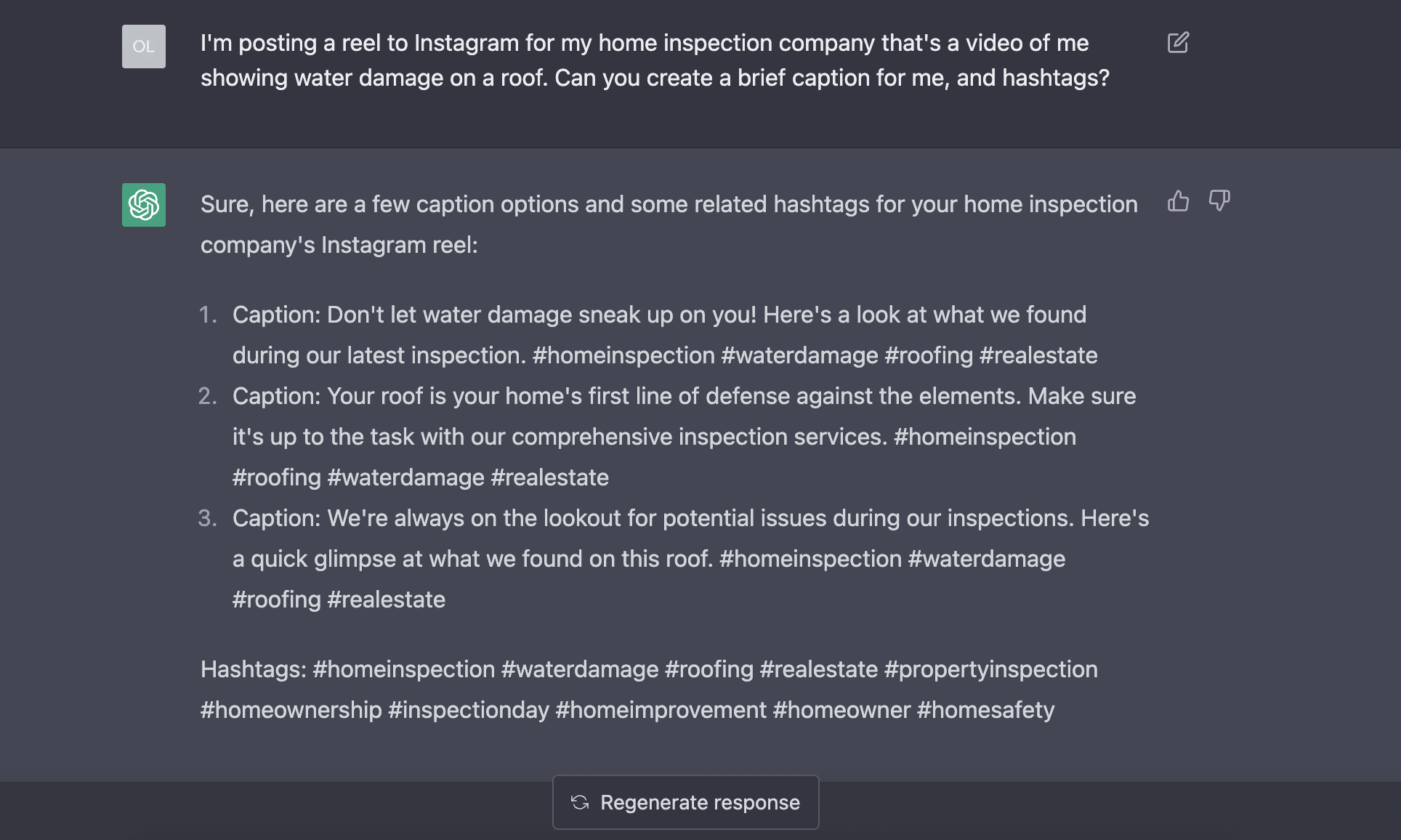 ChatGPT's caption ideas for an Instagram reel showing water damage to a roof. 