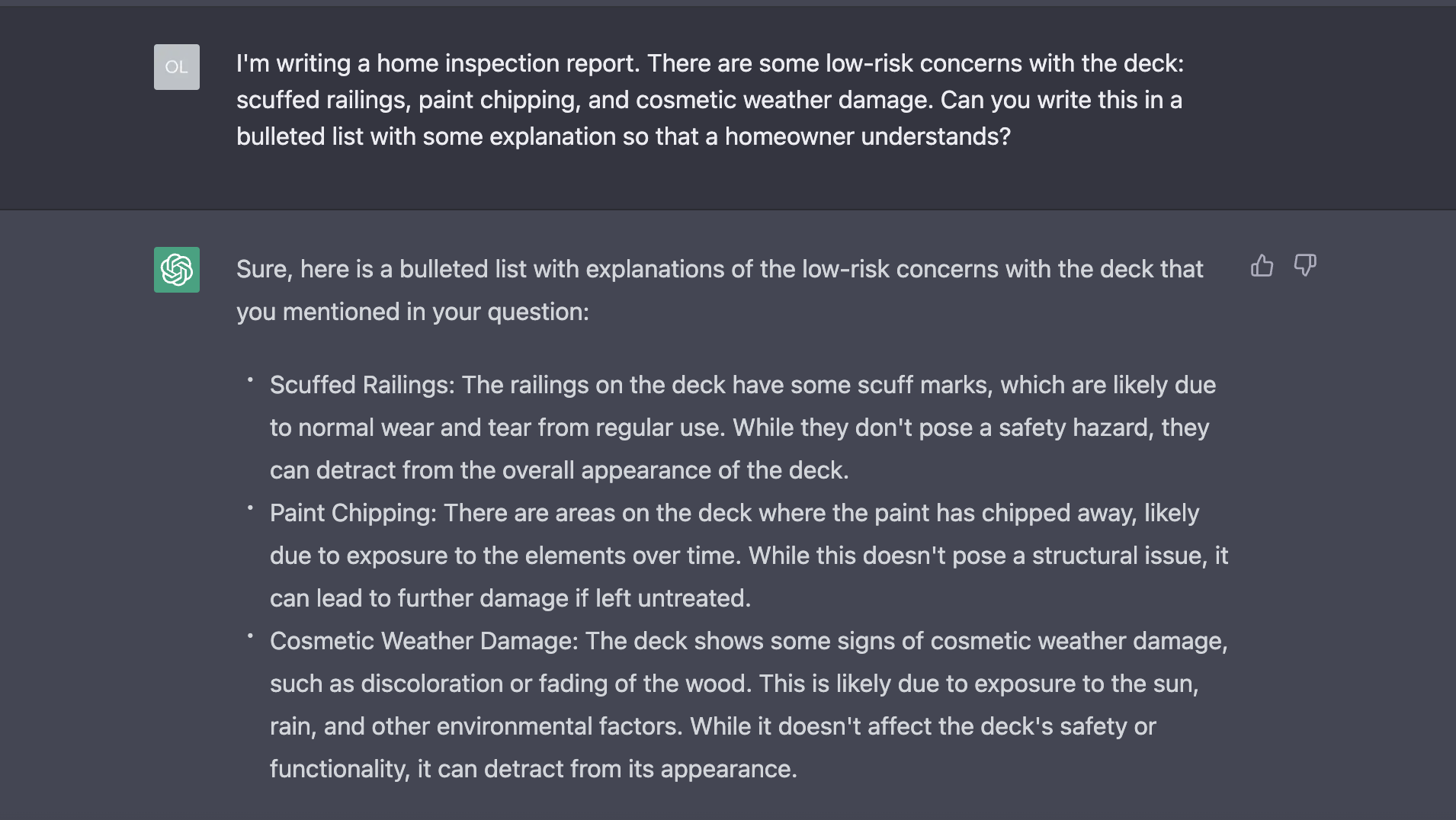 ChatGPT's bulleted list summarizing damage to a deck for a home inspection report.