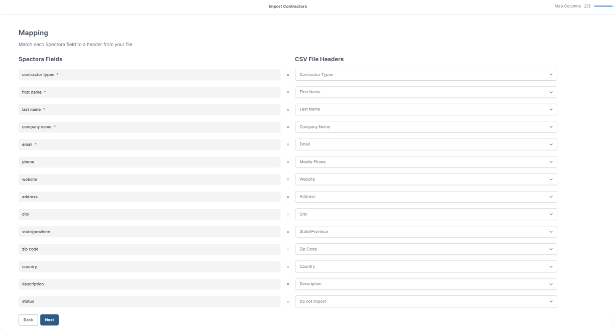 The image depicts data mapping in the Recommended Contractors import in Spectora.